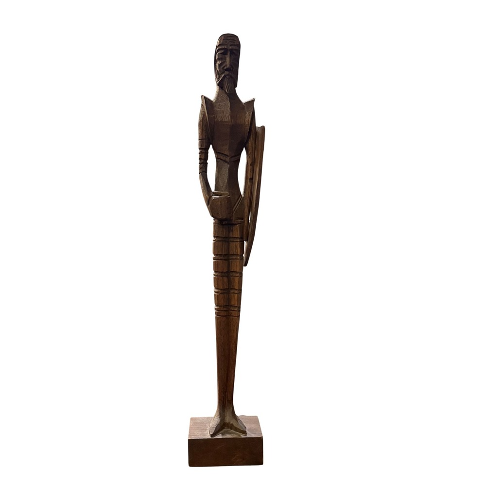 Vtg Mid Century Brutalist Hand Carved Wood Don Quixote Statue 20.5" Tall Spain